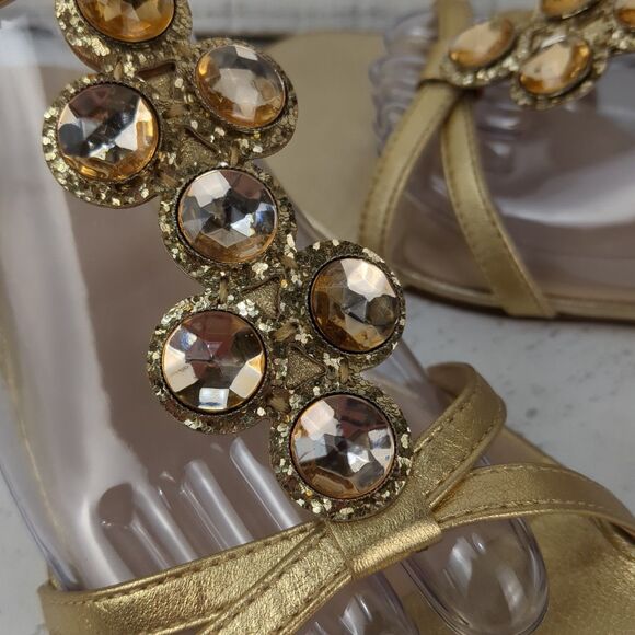 KATE SPADE Gold Metallic Stacey Flat Sandals Rhinestone Strappy Size 8.5 M - Picture 11 of 15